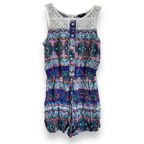 Zunie Girls Romper Size 10 Cream Lace Trim Shorts Blue Aqua Orange Tribal Print - Picture 4 of 7